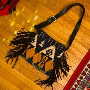 MG DESIGN CO handmade Pendleton wool leather Fringe crossbody bag w/adj strap